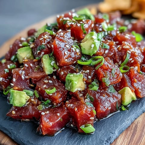 Spicy tuna tartare appetizer with fresh diced tuna in sriracha-soy-lime dressing, served with crispy golden wonton chips.