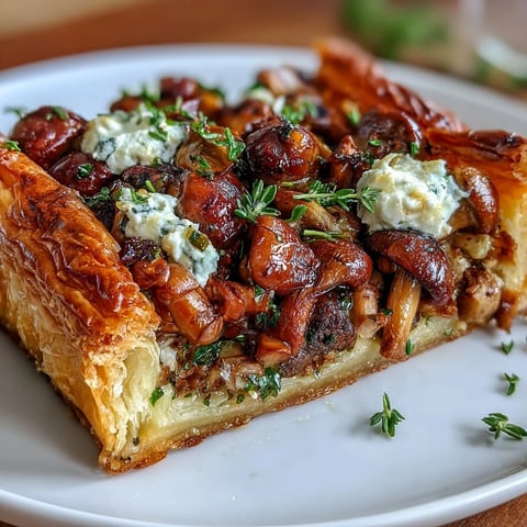Golden wild mushroom tart with flaky puff pastry, creamy goat cheese, and fragrant thyme.  
