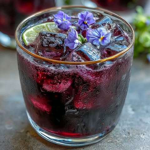 A refreshing black currant gin cocktail with vibrant berry hues and a floral garnish in a chilled glass.