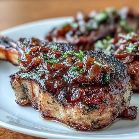 Onion-jam glazed lamb chops with rich,