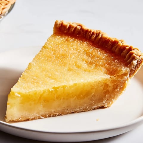 A slice of homemade Chess Pie: a perfect Southern dessert with a flaky, golden crust and smooth filling.