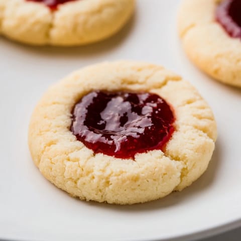Close-up of freshly baked Thumbprint Cookies, showcasing colorful jam filling and perfect texture.