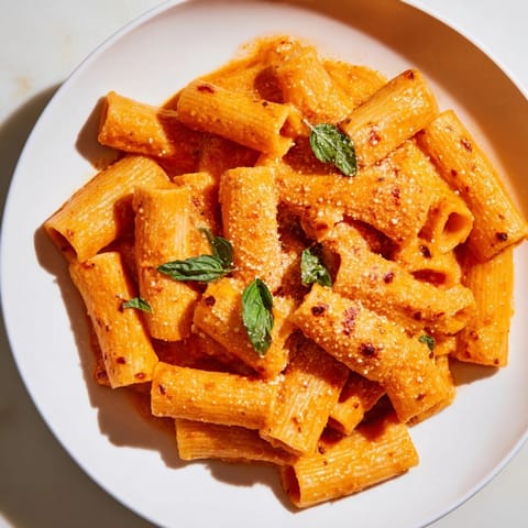 Golden Spicy Rigatoni Pasta plated with extra Parmesan and basil, ideal for a comforting vegetarian dinner.