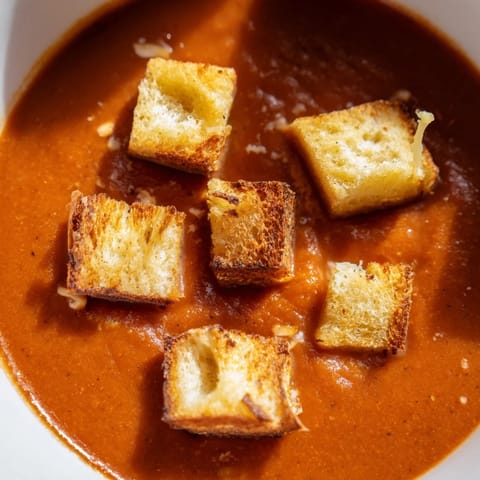 Golden grilled cheese croutons top a velvety bowl of roasted tomato soup, garnished with basil.