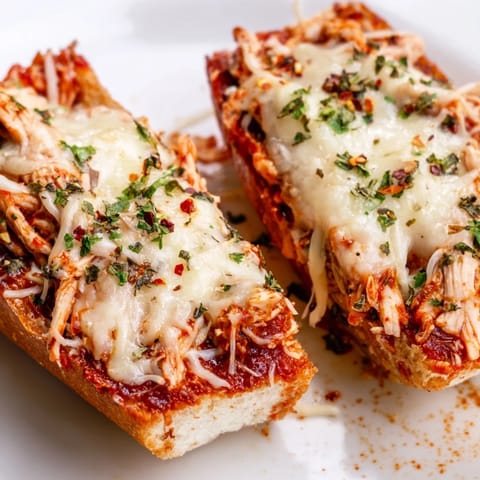 Golden-baked Chicken Parm Stuffed Garlic Bread boats, filled with saucy chicken and gooey mozzarella, on a rustic wooden table.