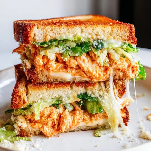 Grilled sourdough bread is crisped to perfection, revealing a spicy buffalo chicken and creamy Caesar filling in this savory sandwich.