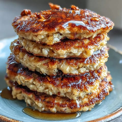 A close-up of fluffy Banana Oat Pancakes reveals their hearty oat texture, served warm alongside a dollop of Greek yogurt and berries.  