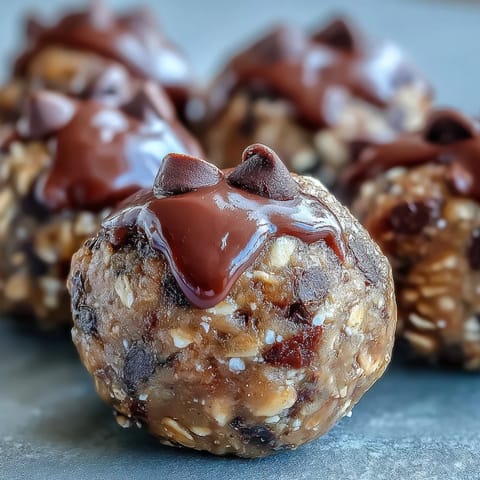 A close-up of Banana Chocolate Chip Energy Balls on a wooden board, with a few balls halved to show the moist oat interior dotted with mini chocolate chips and visible flecks of mashed banana.