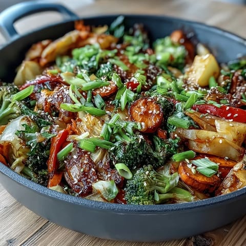 A steaming skillet of colorful broccoli, carrots, and cabbage makes this comforting fermented veggie winter stir-fry a quick, wholesome dinner.