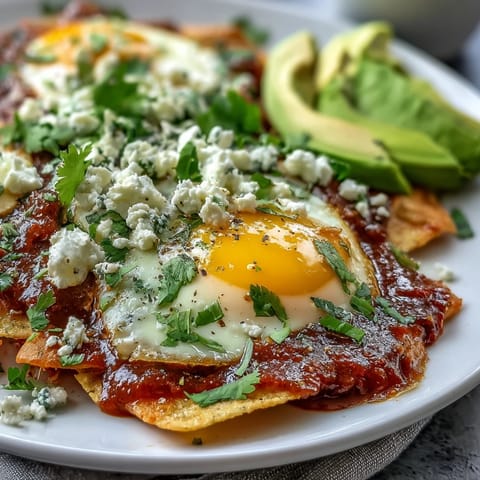 Crispy tortilla chips coated in red salsa verde, topped with fried egg and fresh garnishes for a traditional Mexican breakfast.