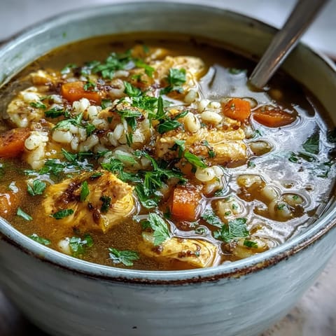 Golden Soothing Turmeric Chicken With Pearl Barley in a rustic bowl, with diced carrots, celery, and wilted spinach visible.