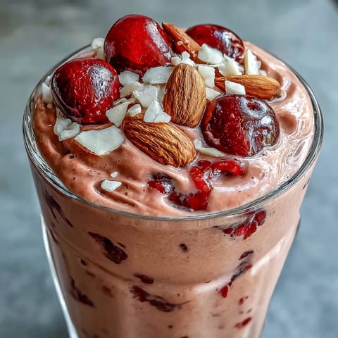 A tall glass of vibrant Cherry Almond Smoothie garnished with sliced almonds and fresh cherries, ideal for a quick breakfast.
