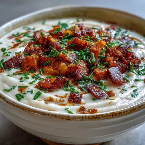 Velvety Celeriac Soup with Crispy Bacon topped with crunchy bacon bits and fresh chives beside crusty bread.