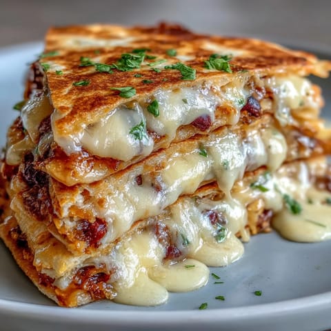 A close-up of Blooming Quesadilla Ring cut into wedges, revealing melted cheese, black beans, and peppers inside.