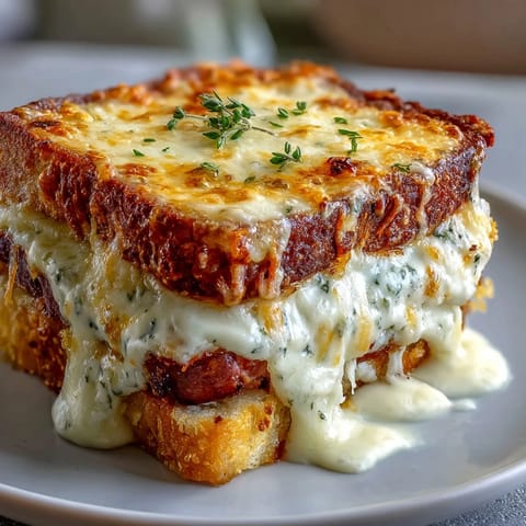 Layers of buttery bread and ham stacked high in a white baking dish, showing a perfectly golden crust.