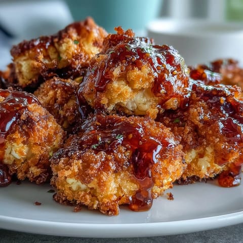 Crunchy Baked Hot Honey Cauliflower bites arranged on a platter, drizzled with sweet and spicy honey sauce, perfect for a vegetarian appetizer.