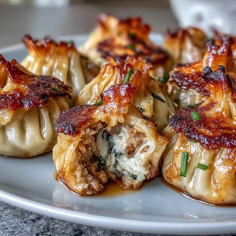 Freshly pan-fried Smash Dumplings with golden, crispy bottoms and a savory pork filling, served alongside a small dipping bowl. 