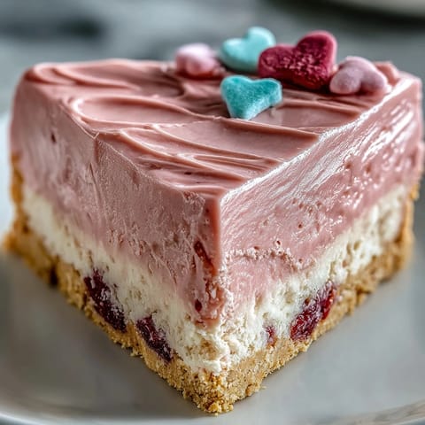 A slice of Candy Hearts Fake Cake reveals creamy cheesecake filling on a graham cracker crust, served on a dessert plate.
