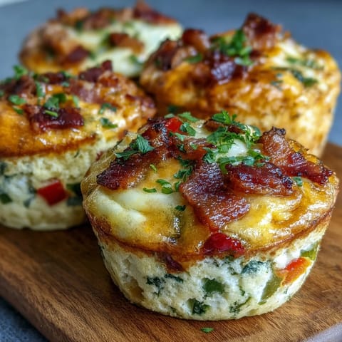 Golden-brown Breakfast Egg Muffins with melted cheddar, crisp bacon, and diced bell peppers, served warm on a plate.
