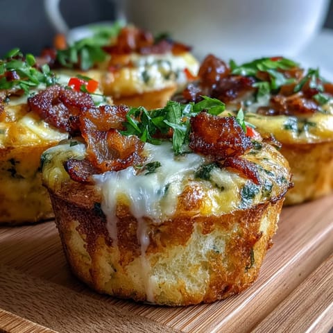 A close-up of savory Breakfast Egg Muffins filled with colorful bell peppers, onions, and crumbled bacon, fresh from the oven.