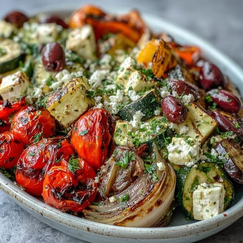 Colorful roasted Mediterranean Greek Vegetables, including eggplant and peppers, served warm as a vegetarian main.