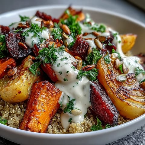 Roasted Root Vegetable Bowl with golden carrots, beets, and turnips on fluffy quinoa, drizzled with creamy tahini.