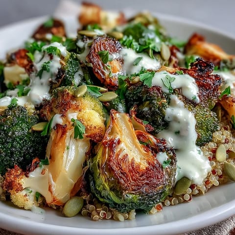 Golden roasted broccoli, cauliflower, and Brussels sprouts atop fluffy quinoa for a Roasted Brassica Bowl.