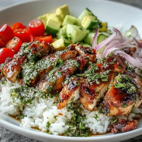 Fresh chimichurri sauce drizzles over vibrant chicken bowls filled with cucumber, red onion, and lime.