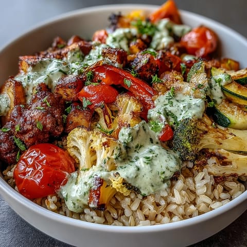 A close-up of a vibrant Rainbow Roasted Vegetable Bowl, featuring caramelized zucchini, bell peppers, and broccoli over a grain base.