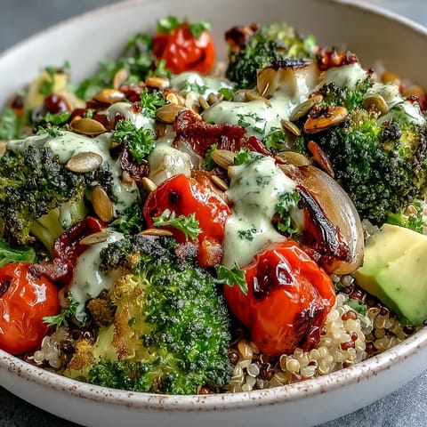 Vegetable and Legume Bowl topped with avocado and parsley, served over fluffy quinoa for a vegan meal.