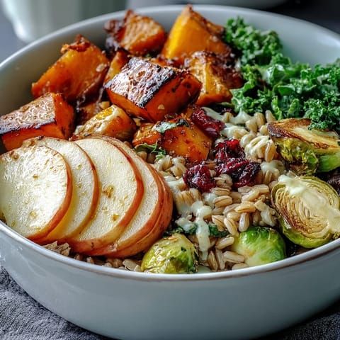 Colorful vegan Fall Vegetable Bowl garnished with pepitas and cranberries, ready to enjoy as a healthy autumn main dish.