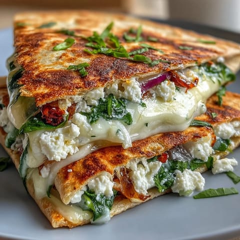 Sizzling vegetarian quesadilla wedge with melted mozzarella and fresh spinach filling, ready to eat.
