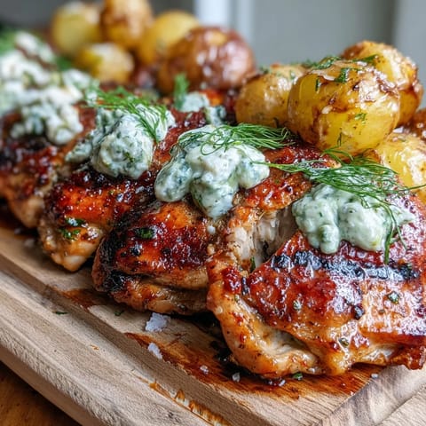 Sliced Spicy Yogurt Marinated Chicken with dill feta cream beside roasted baby potatoes, perfect for a Mediterranean-inspired weeknight meal.