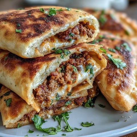 Split Lebanese Arayes pita pockets reveal juicy cumin-spiced meat filling, ready to be dipped in tangy yogurt or zesty hummus.