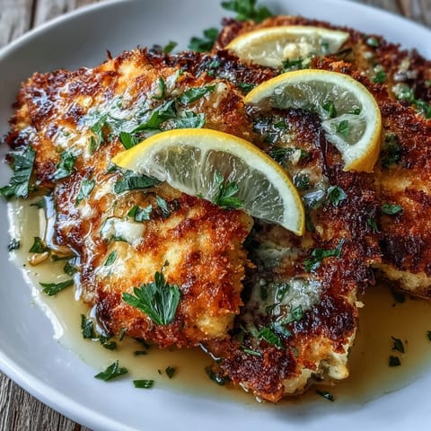 Lemon Parmesan Crusted Chicken served alongside angel hair pasta and lemon slices, perfect for a flavorful Italian-American family dinner.