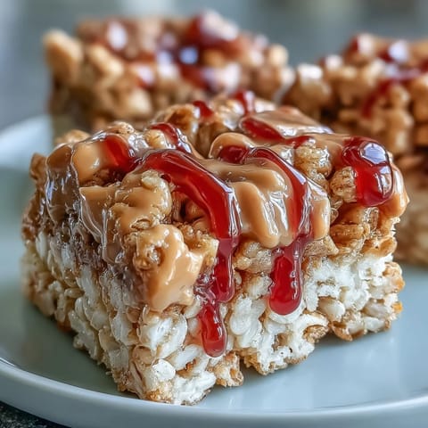 A close-up of chewy High-Protein PB&J Rice Krispie Bars with melted peanut butter and grape jelly, served on a white plate.