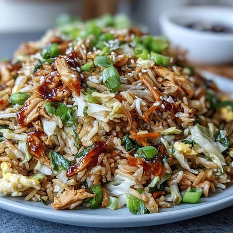 Close-up of Egg Roll Fried Rice with Chicken, featuring fluffy rice, tender chicken, shredded cabbage, carrots, and a savory soy-sesame glaze.
