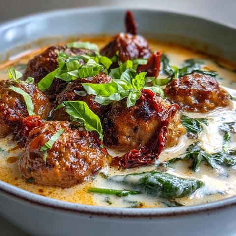 Creamy Tuscan Turkey Meatball Soup steaming in a white bowl, garnished with fresh basil and grated Parmesan.
