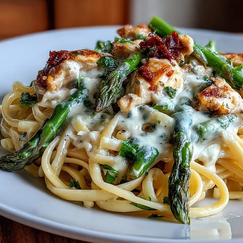 Tender chicken pieces and al dente linguine are coated in a rich, velvety Asiago cream sauce for a comforting Italian-American meal.