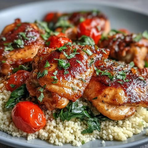 Sizzling one-pan garlic butter chicken couscous reveals tender chicken thighs, steamed couscous, and wilted spinach with fresh lemon zest garnish.