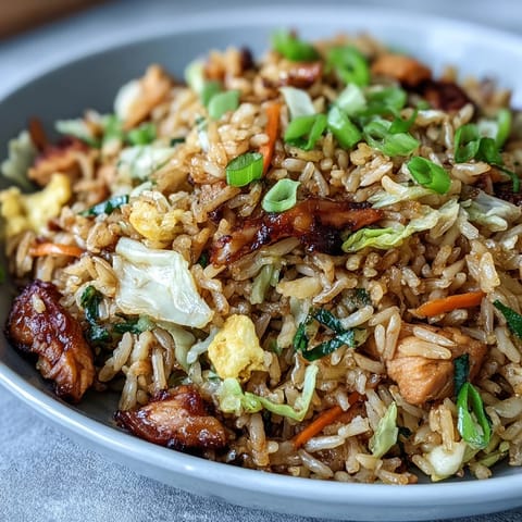 Sizzling Egg Roll Fried Rice with Chicken in a hot wok, featuring vibrant shredded cabbage and carrots. 