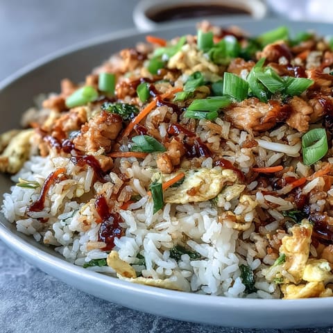 Steaming plate of Egg Roll Fried Rice with Chicken, garnished with fresh green onions and a side of soy sauce. 