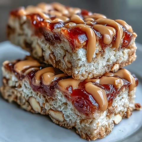 A single High-Protein PB&J Rice Krispie Bar is lifted, revealing a dense, chewy interior and a rich peanut butter drizzle.