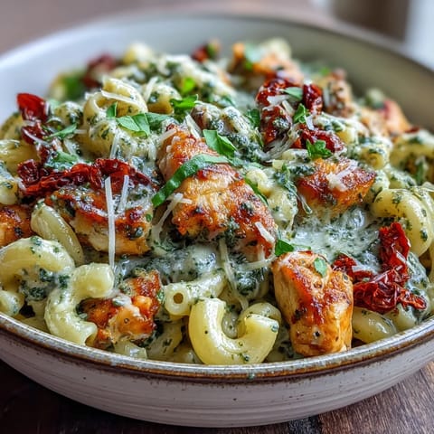 A steaming bowl of Pesto Chicken Chili Mac reveals gooey mozzarella and tender chicken pieces stirred through pasta.