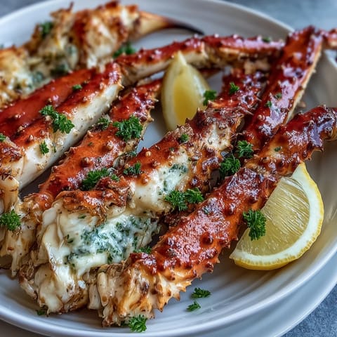 Golden-baked crab legs smothered in fragrant garlic butter, served with vibrant lemon wedges and a sprinkle of fresh parsley for an elegant dinner.