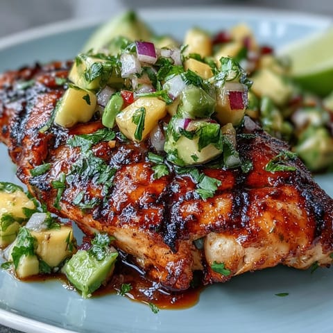 Grilled chicken with mango avocado salsa, featuring juicy chicken and a colorful, zesty topping bursting with tropical flavors.