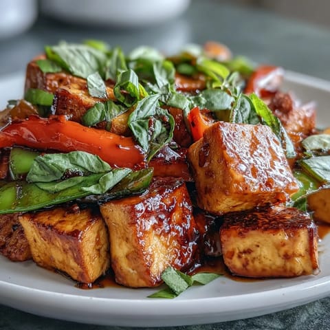 Colorful Thai basil tofu stir-fry with fresh vegetables, fragrant herbs, and a slightly spicy sauce—perfect for a quick, wholesome vegan dinner.  