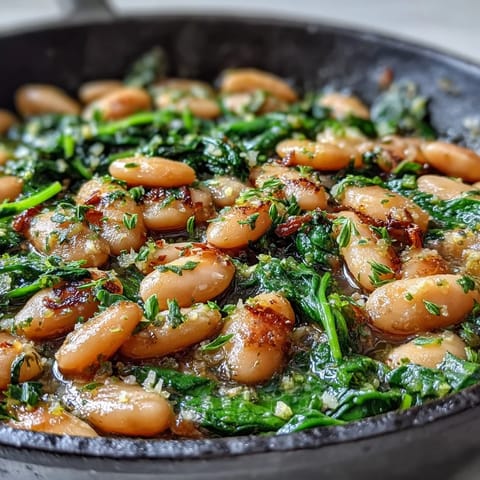 Creamy vegan lemon garlic white bean skillet with spinach, a healthy one-pan meal full of zesty Mediterranean flavors.  