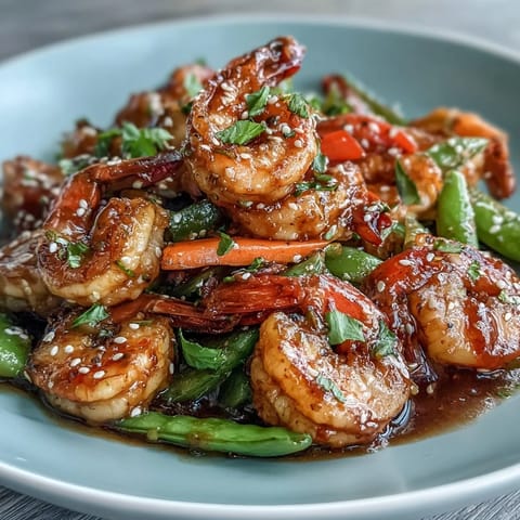 Juicy shrimp and crisp vegetables tossed in a savory sauce, spooned over light cauliflower rice for a low-carb meal.  