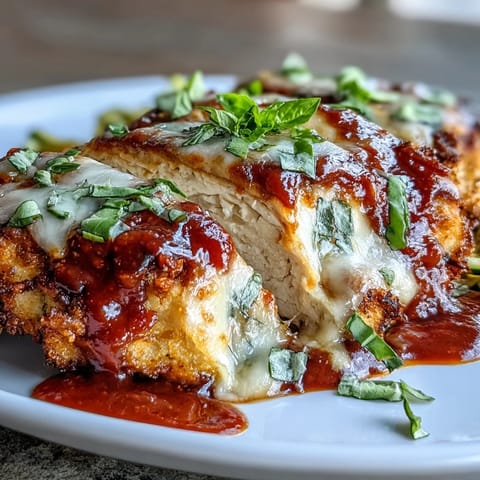 Lightened-up chicken parmesan with crispy almond flour coating, layered with sauce and cheese, served on tender spiralized zucchini for a low-carb meal.  
